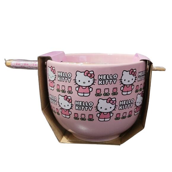 Hello Kitty Ceramic Ramen Bowl with Chopsticks - Floral Pattern Pink 20 OZ - Picture 7 of 12
